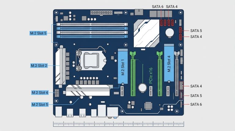 ATX motherboard M.2 slots SATA ports labeled diagram