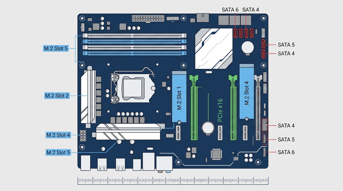 ATX motherboard M.2 slots SATA ports labeled diagram