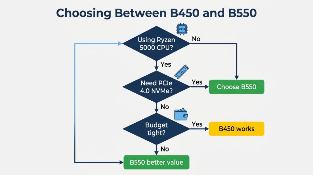 Flowchart guiding whether to choose a B450 or B550 motherboard based on budget and use case.