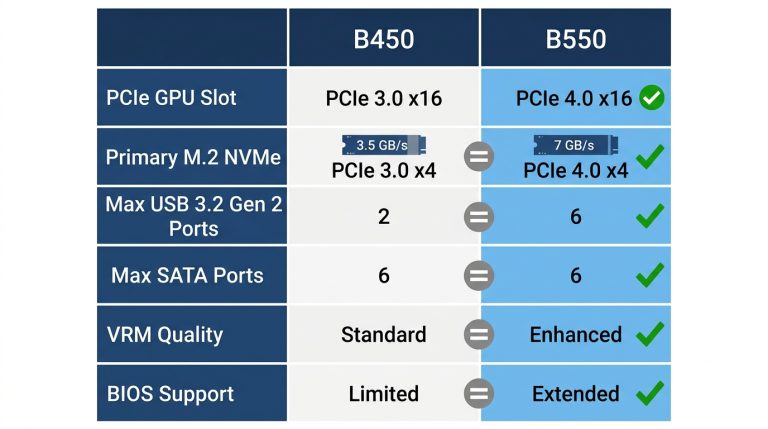 B450 vs B550 chipset specifications PCIe USB comparison table