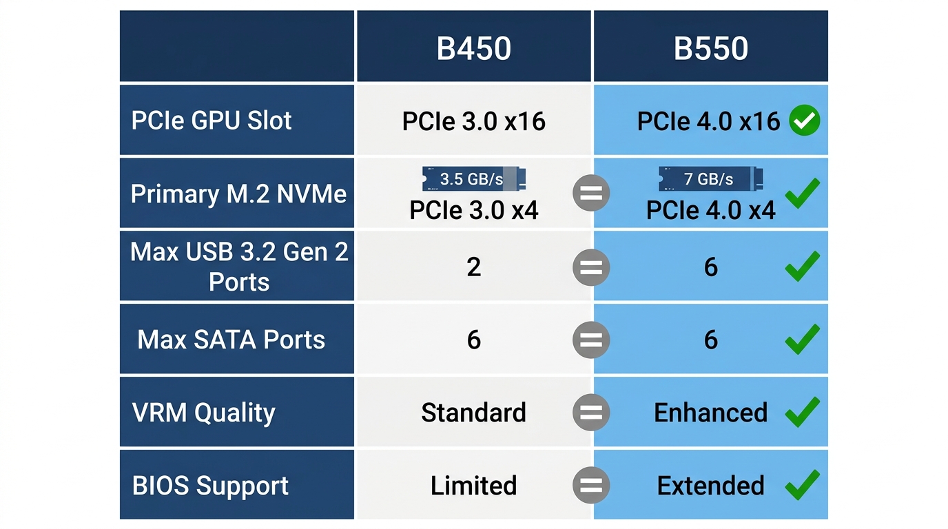 Table comparing B450 vs B550 specs: PCIe generation, USB 3.2 Gen 2 ports, and SATA port counts.