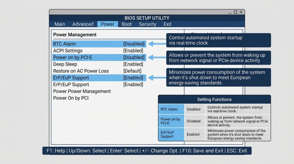 BIOS setup menu with wake-related settings highlighted and labeled