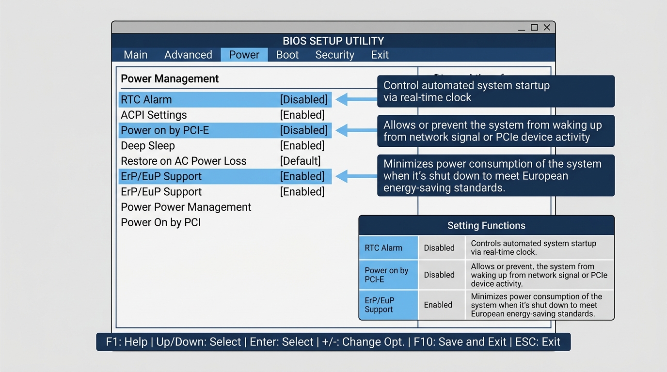 BIOS setup menu with wake-related settings highlighted and labeled