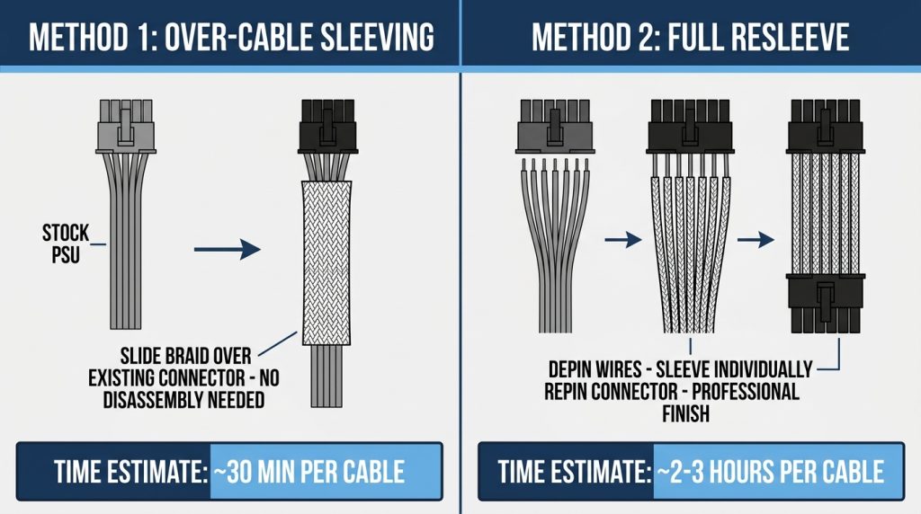 cable sleeving installation methods over-cable full resleeve comparison diagram
