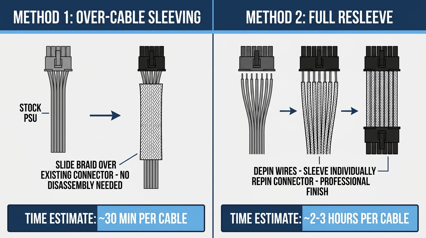 cable sleeving installation methods over-cable full resleeve comparison diagram