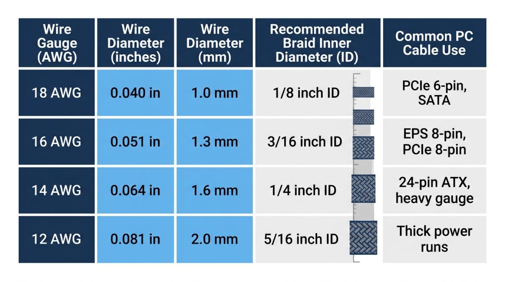 cable sleeving size chart AWG wire diameter expandable braid inner diameter
