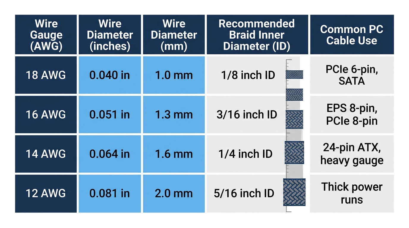 cable sleeving size chart AWG wire diameter expandable braid inner diameter