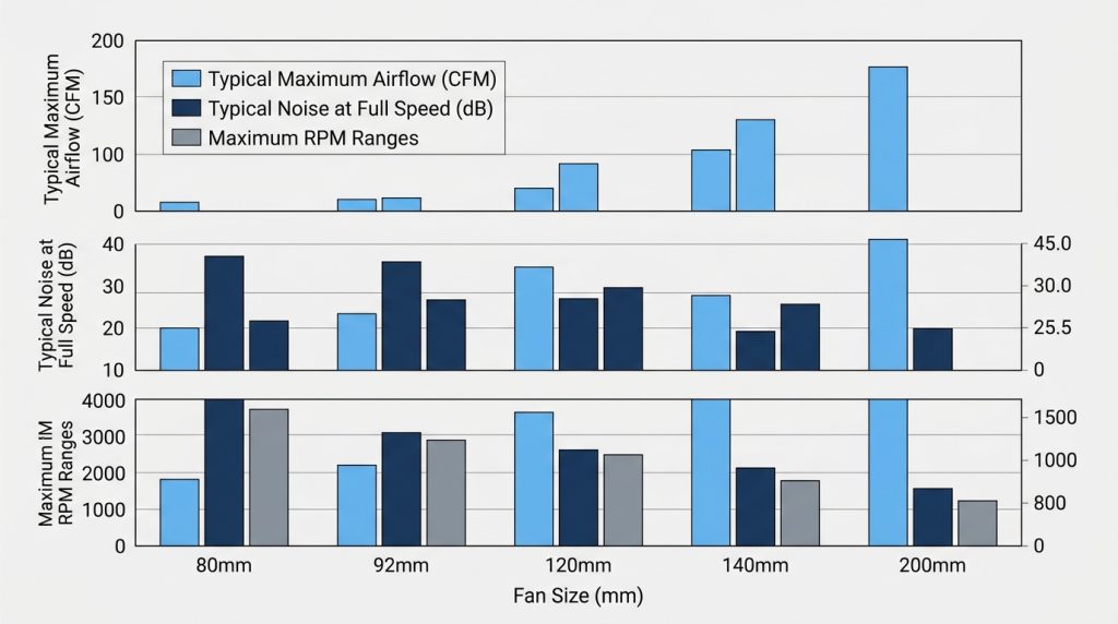 Bar chart comparing airflow, noise, and RPM across the five standard PC case fan sizes
