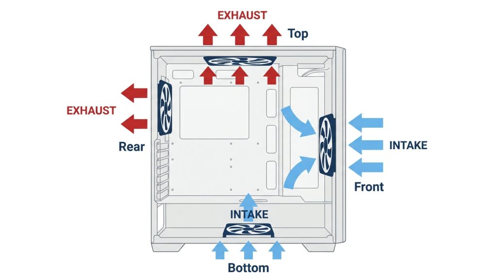 Diagram of a PC case with intake airflow arrows at the front and bottom and exhaust arrows at the rear and top