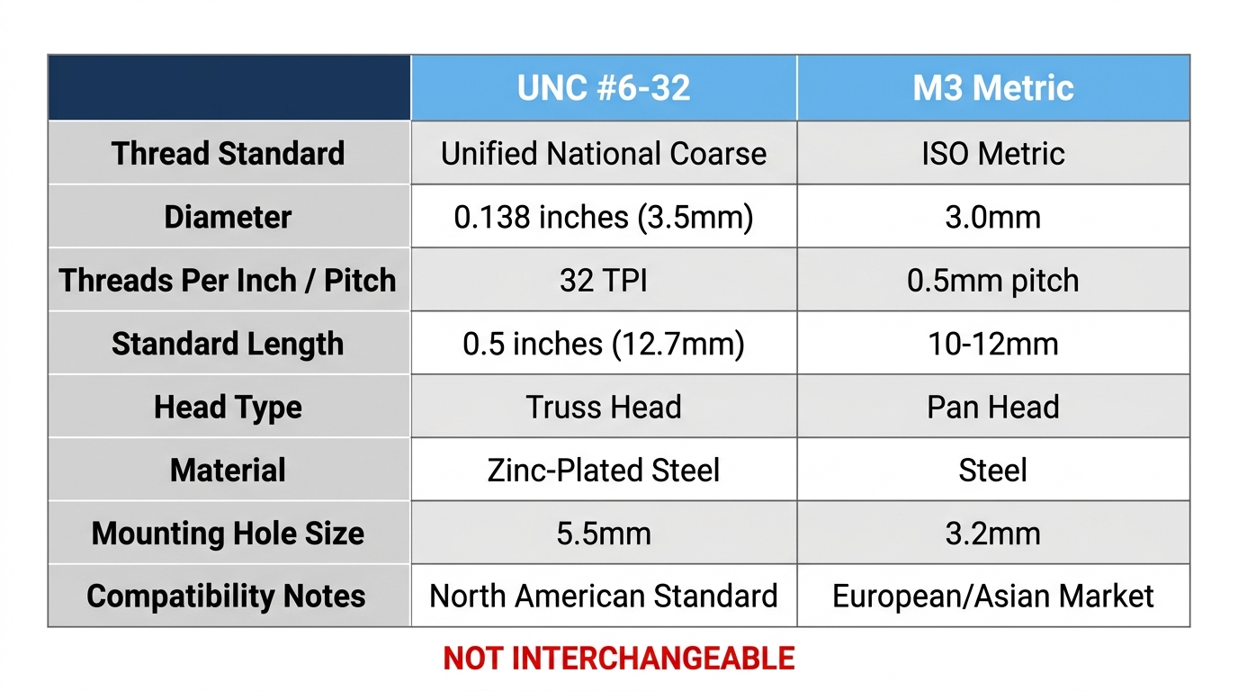 UNC #6-32 vs M3 case fan screw specifications comparison chart