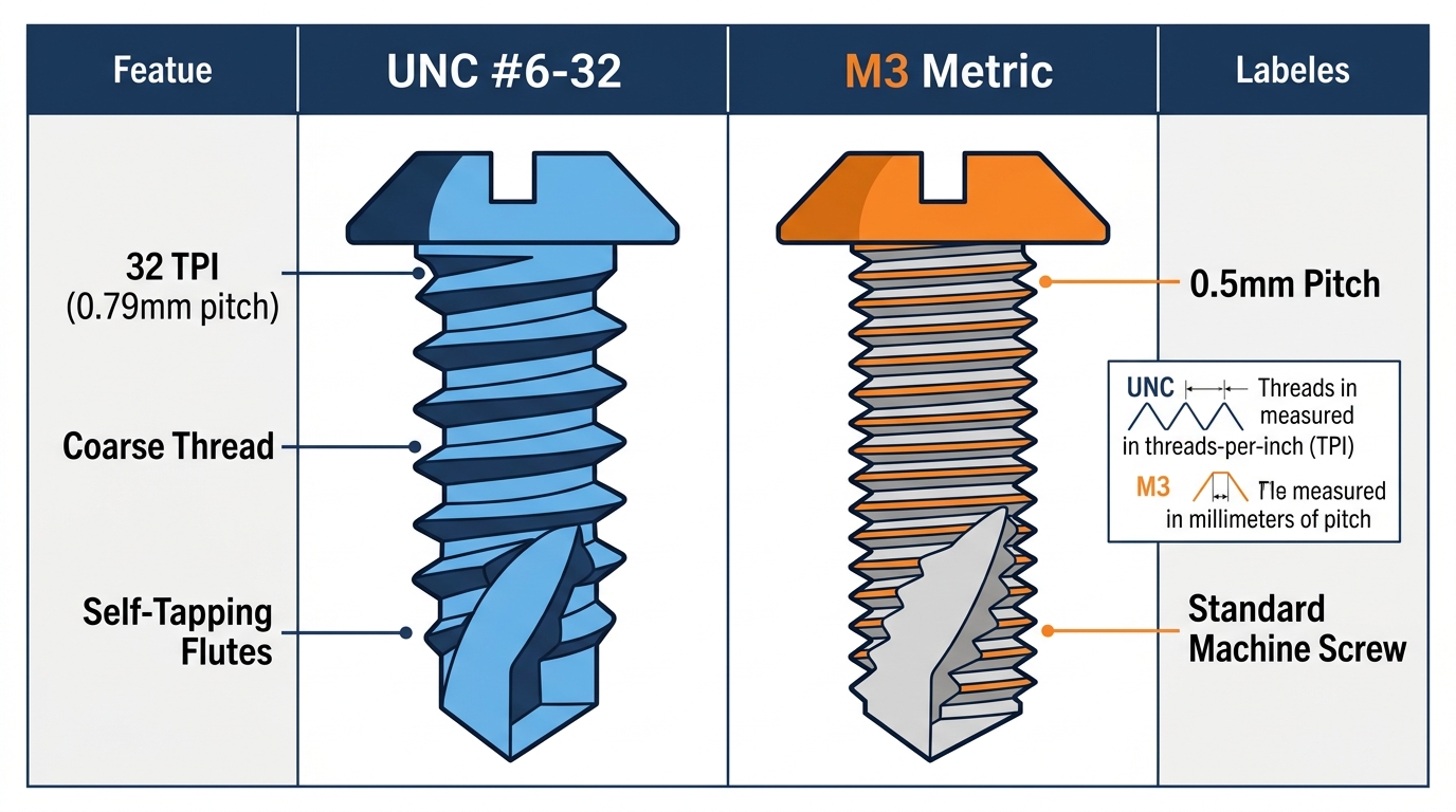 UNC #6-32 self-tapping screw thread profile vs M3 metric screw