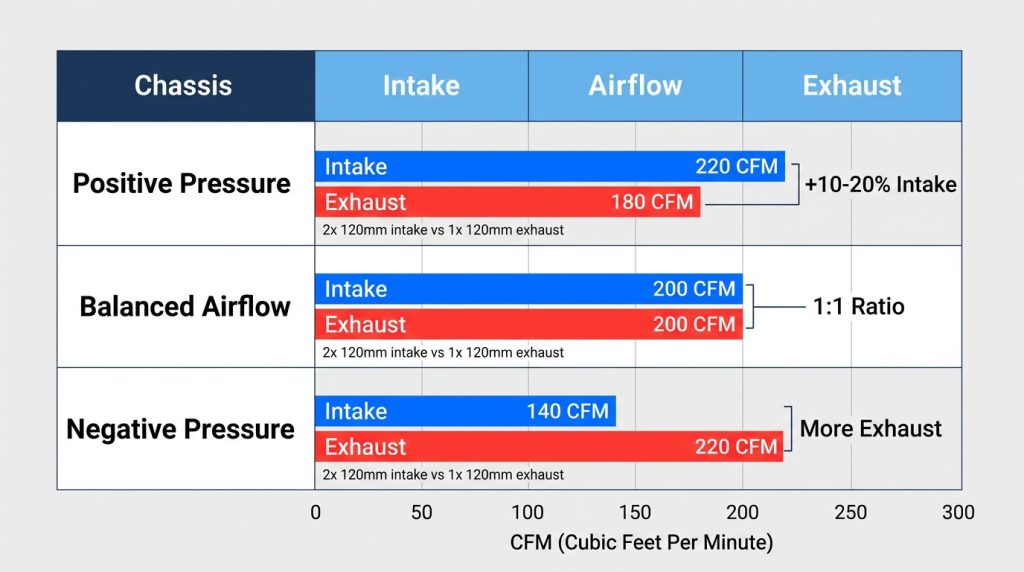 Chart showing how intake and exhaust CFM ratios translate into positive, balanced, or negative case pressure.