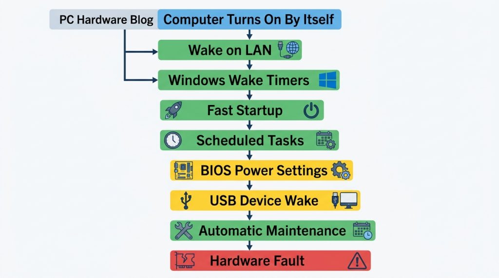 Flowchart of 8 common computer wake event causes ranked by frequency