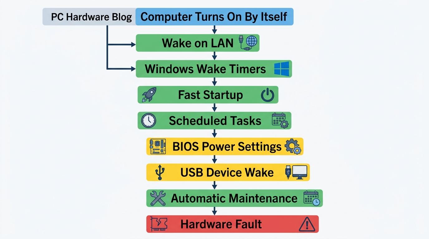 Flowchart of 8 common computer wake event causes ranked by frequency