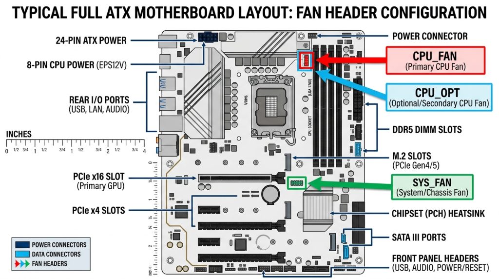 ATX motherboard diagram labeling CPU_FAN, CPU_OPT, and SYS_FAN header locations near the CPU socket and chipset