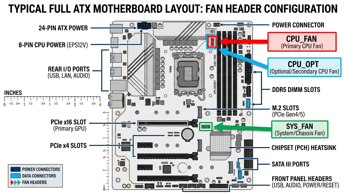 ATX motherboard diagram labeling CPU_FAN, CPU_OPT, and SYS_FAN header locations near the CPU socket and chipset