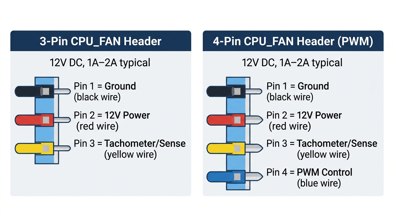 Side-by-side 3-pin and 4-pin CPU_FAN pinout diagram showing ground, 12V, tachometer, and PWM wire assignments