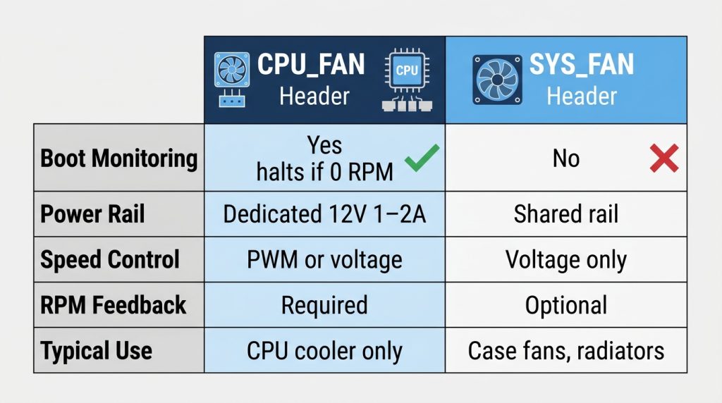 Comparison table of CPU_FAN versus SYS_FAN headers across boot monitoring, power rail, speed control, and typical use