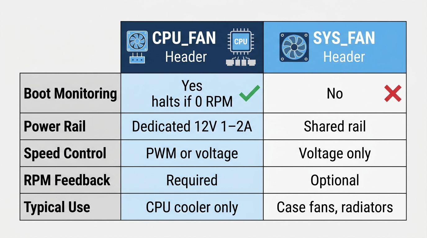 Comparison table of CPU_FAN versus SYS_FAN headers across boot monitoring, power rail, speed control, and typical use