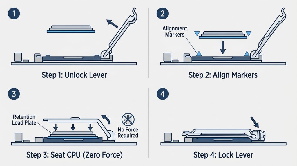 Sequence of CPU installation steps showing lever lift, chip alignment, seating, and lever locking