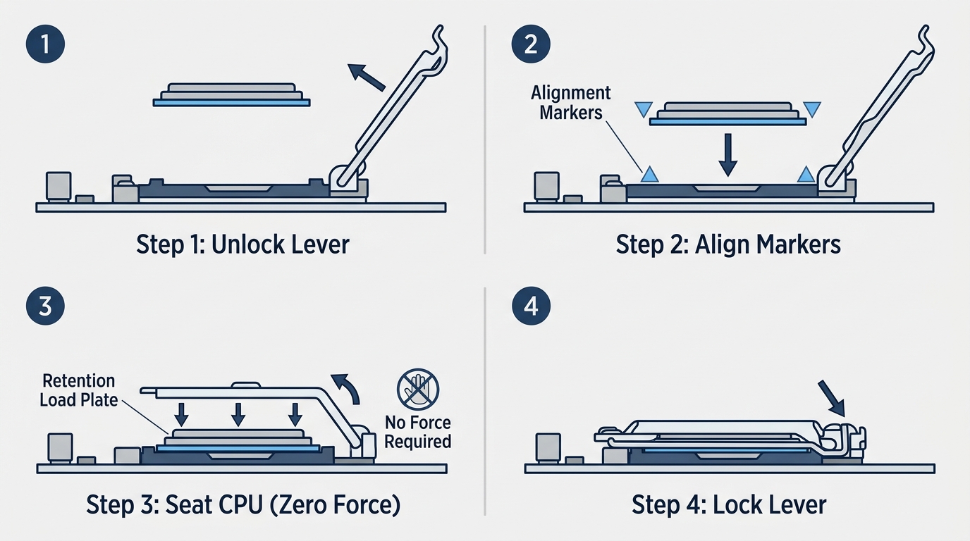 Sequence of CPU installation steps showing lever lift, chip alignment, seating, and lever locking