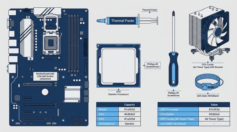CPU motherboard thermal paste screwdriver cooler anti-static wristband flat lay