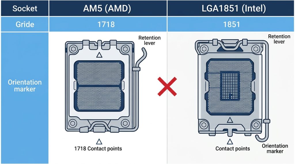 Side-by-side comparison of AM5 and LGA1851 CPU sockets showing differing pin and contact layouts