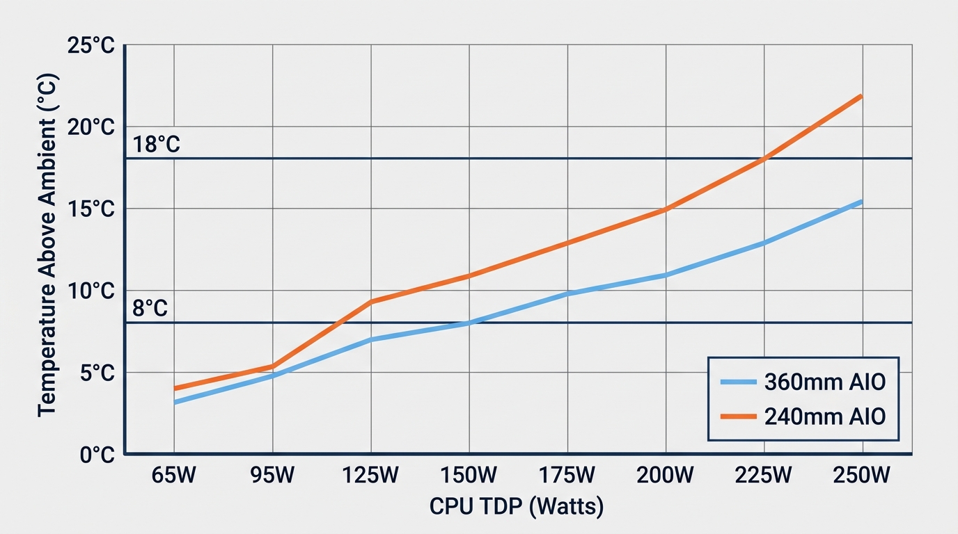 CPU TDP vs temperature chart comparing 360mm AIO cooler vs 240mm AIO cooler performance