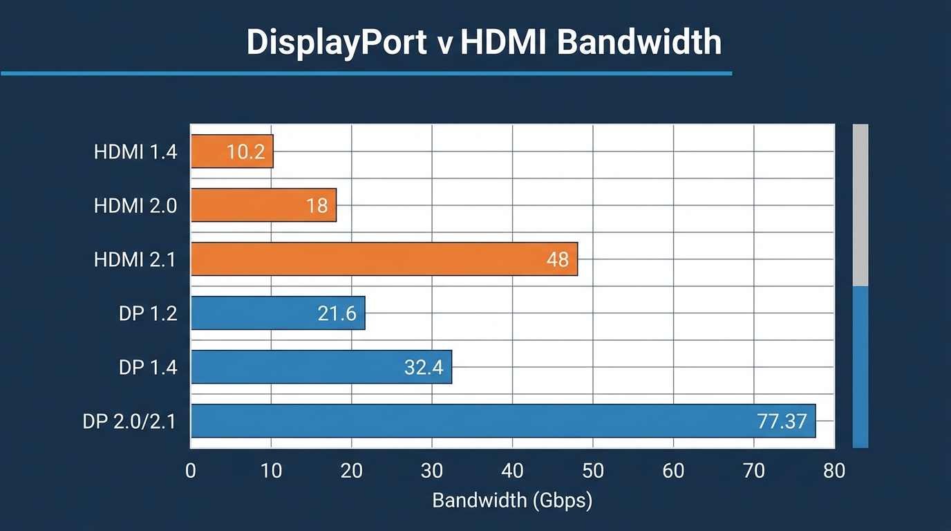 Bar chart comparing maximum bandwidth in Gbps across DisplayPort and HDMI versions