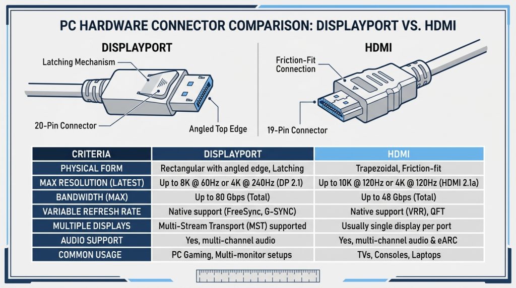 DisplayPort and HDMI cable connector plugs shown side by side for comparison