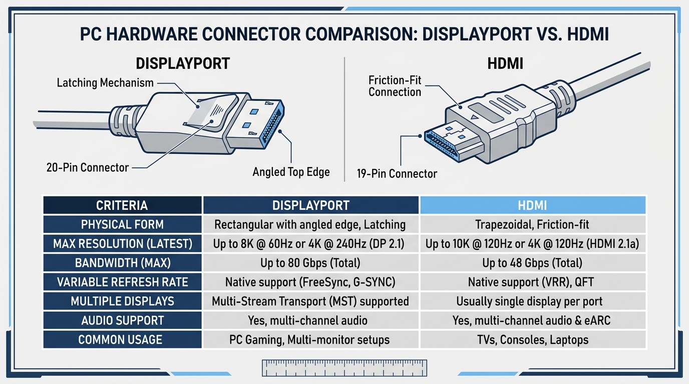 DisplayPort and HDMI cable connector plugs shown side by side for comparison