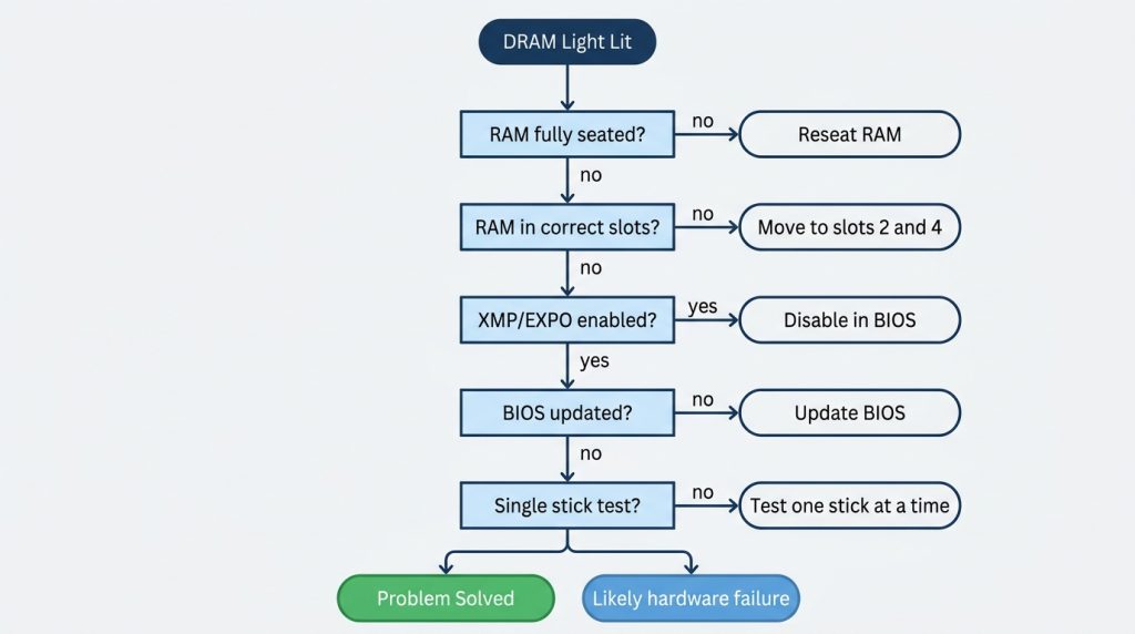Flowchart walking through RAM seating, CMOS reset, and BIOS update steps to fix a DRAM light