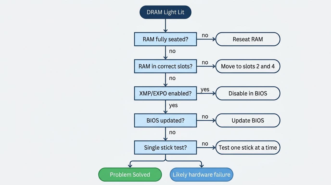 Flowchart walking through RAM seating, CMOS reset, and BIOS update steps to fix a DRAM light