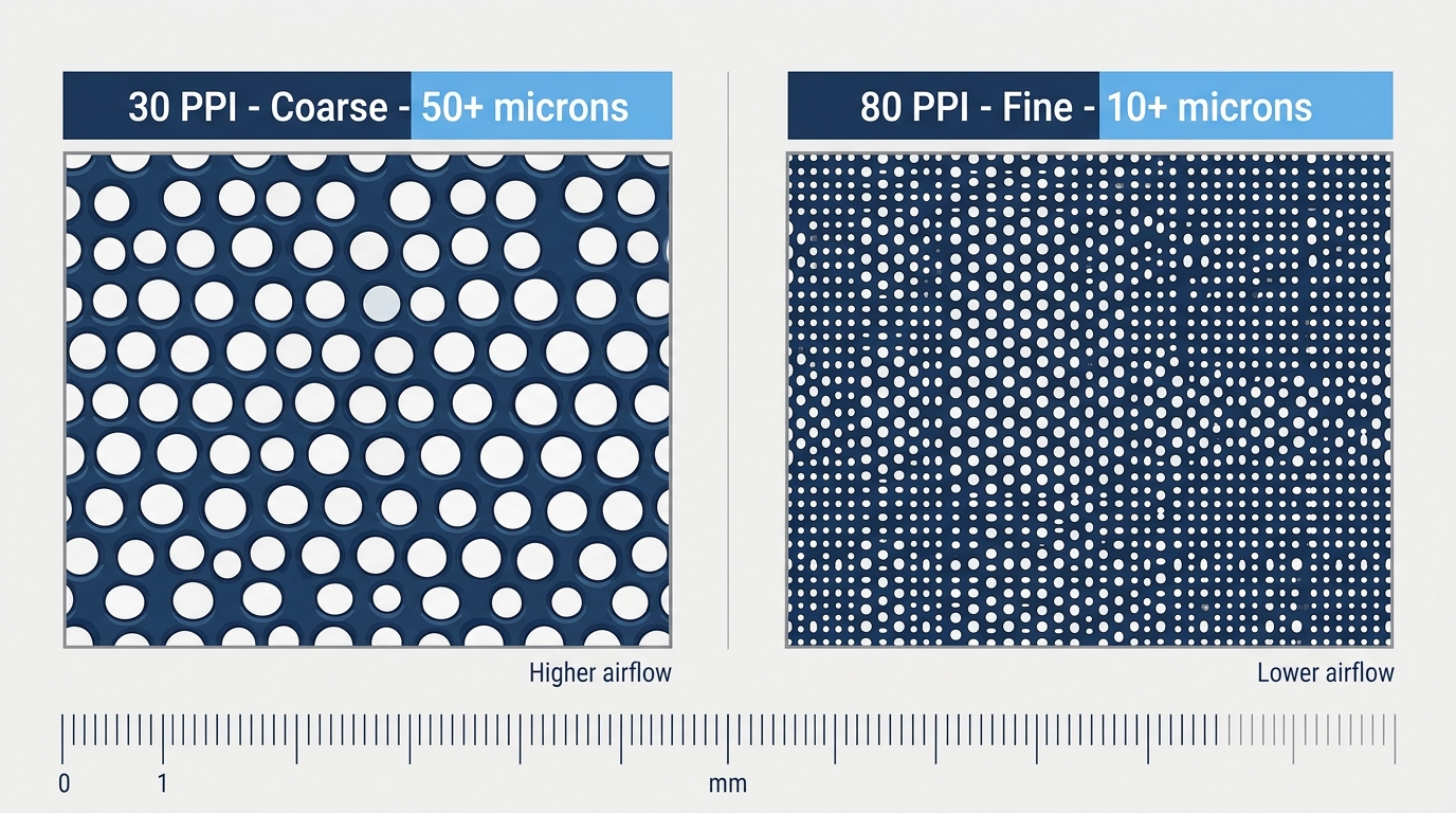 Side-by-side close-up of a coarse 30 PPI mesh filter and a finer 80 PPI mesh filter