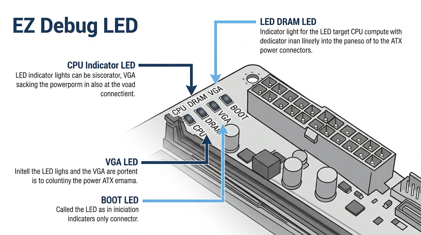 Four EZ Debug LEDs labeled CPU, DRAM, VGA, and BOOT near the top-right corner of an MSI motherboard
