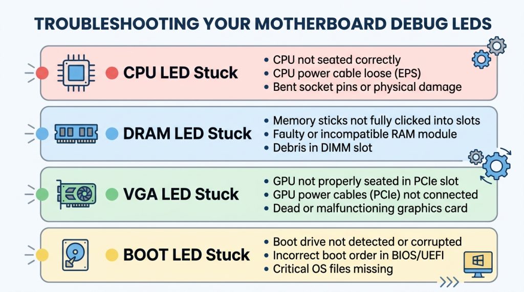 Troubleshooting flowchart showing causes and fixes for stuck CPU, DRAM, VGA, and BOOT EZ Debug LEDs