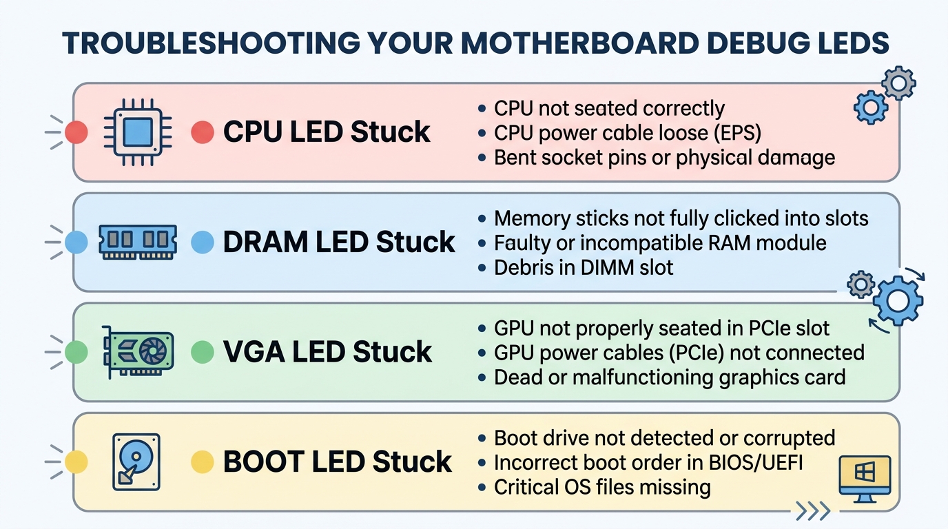Troubleshooting flowchart showing causes and fixes for stuck CPU, DRAM, VGA, and BOOT EZ Debug LEDs