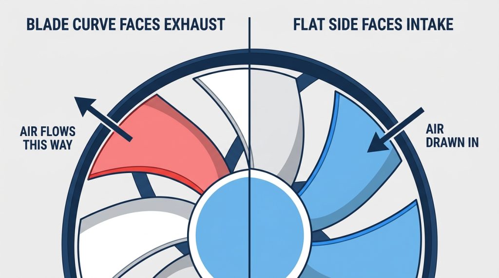 Close-up of a fan blade showing its curved edge which points toward the exhaust side