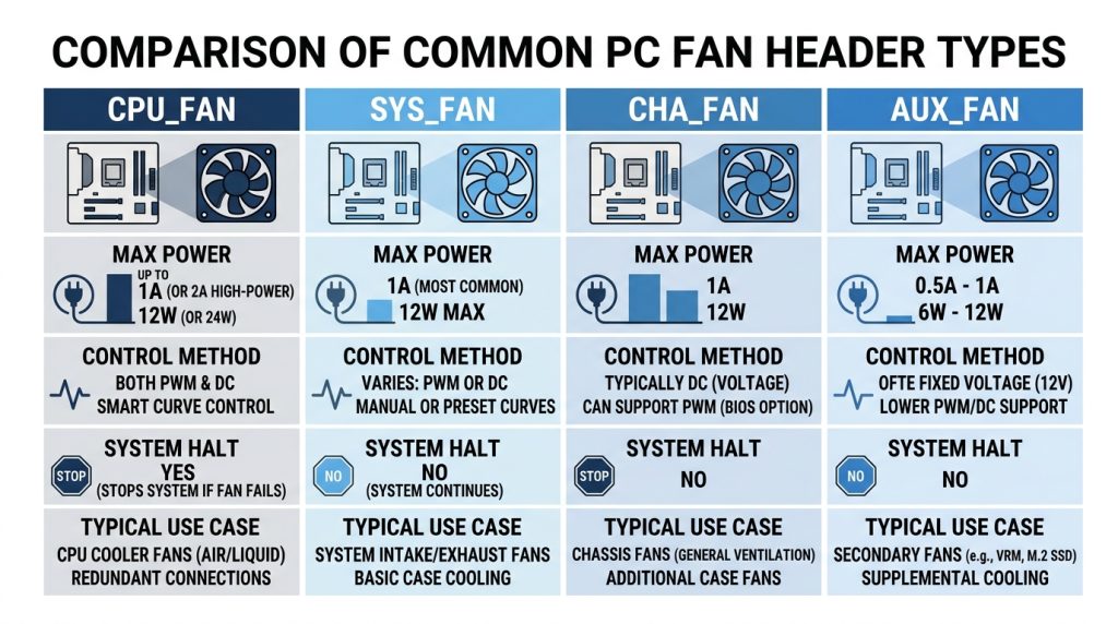 fan header types CPU_FAN SYS_FAN CHA_FAN AUX_FAN power specifications comparison
