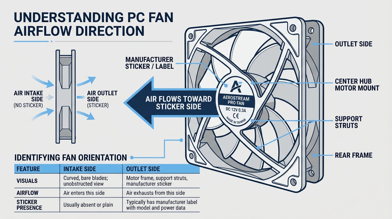Close-up of a PC fan's center hub showing the manufacturer sticker on the air-outlet side