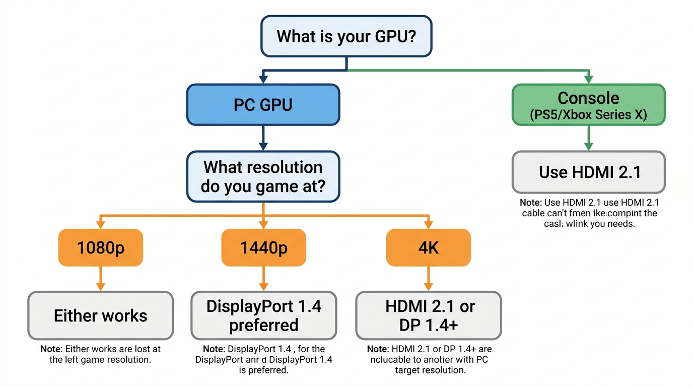 Flowchart guiding readers to pick DisplayPort or HDMI based on their monitor and console setup