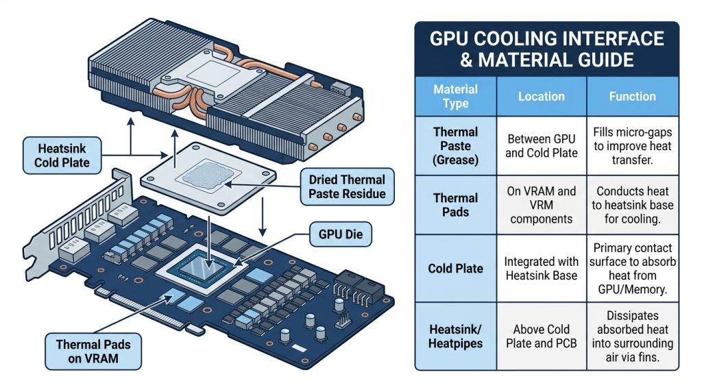 Disassembled GPU cooler showing the thermal paste layer between the die and cold plate, with thermal pads over the VRAM.