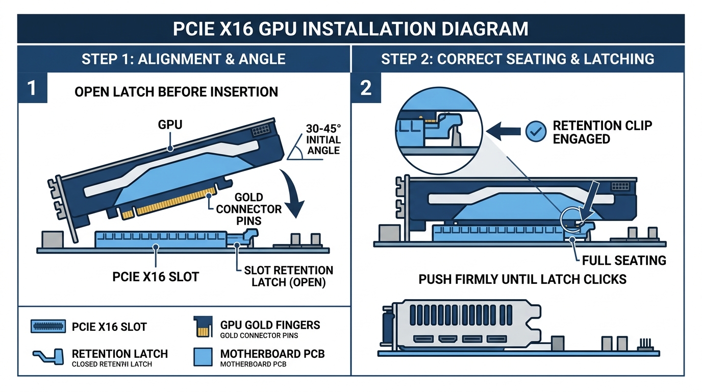 GPU being inserted into PCIe x16 slot at correct angle and depth