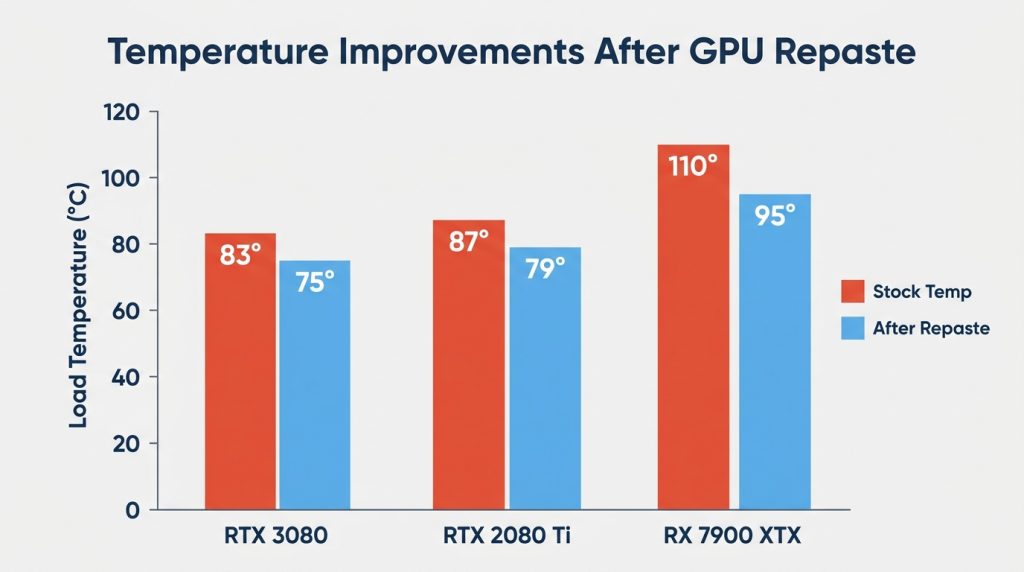 Comparison of GPU load temperatures before and after repasting across several tested graphics cards.