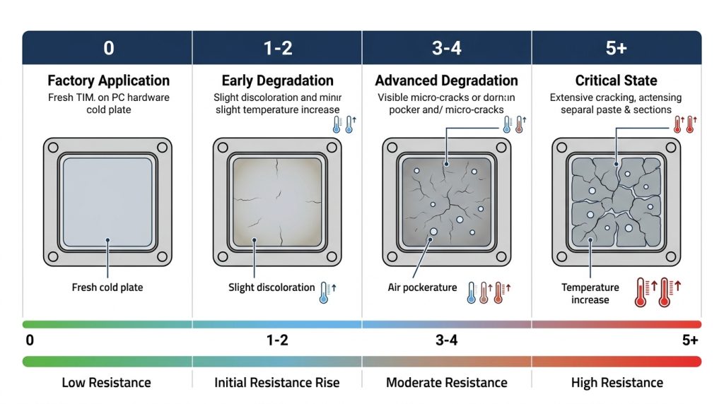 Timeline illustrating how factory GPU thermal paste dries and cracks over several years of use.