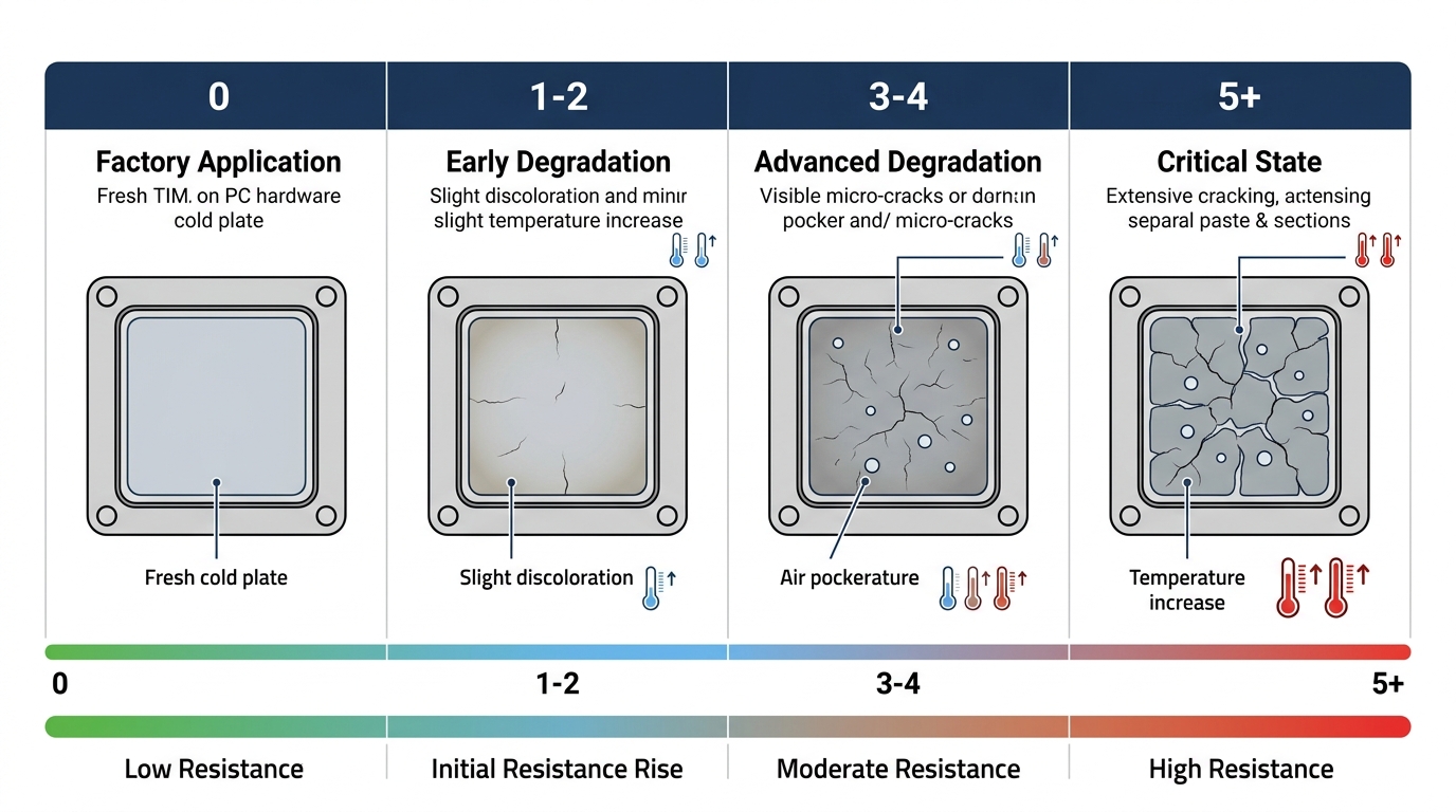 Timeline illustrating how factory GPU thermal paste dries and cracks over several years of use.