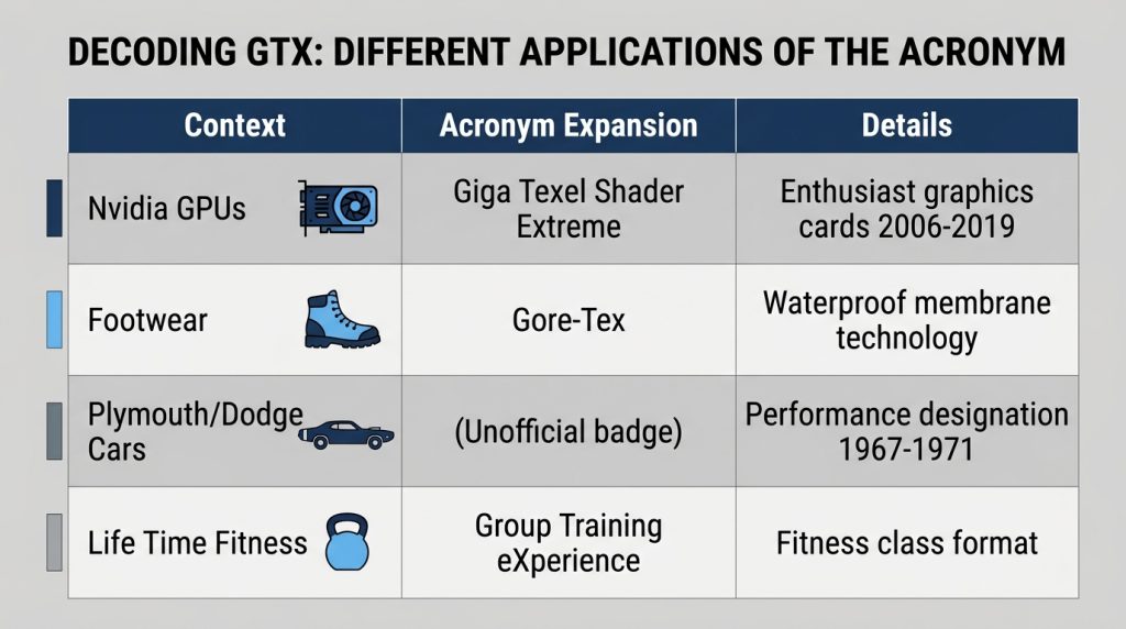 GTX acronym meanings Nvidia GPU Gore-Tex Plymouth fitness contexts