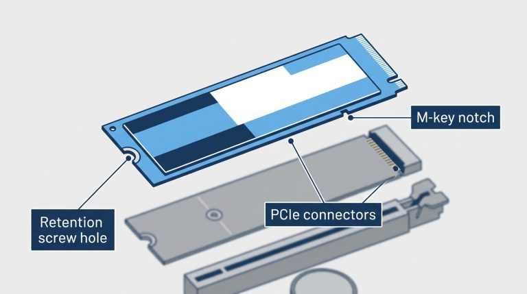 M.2 NVMe SSD M-key notch gold connectors retention screw hole labeled