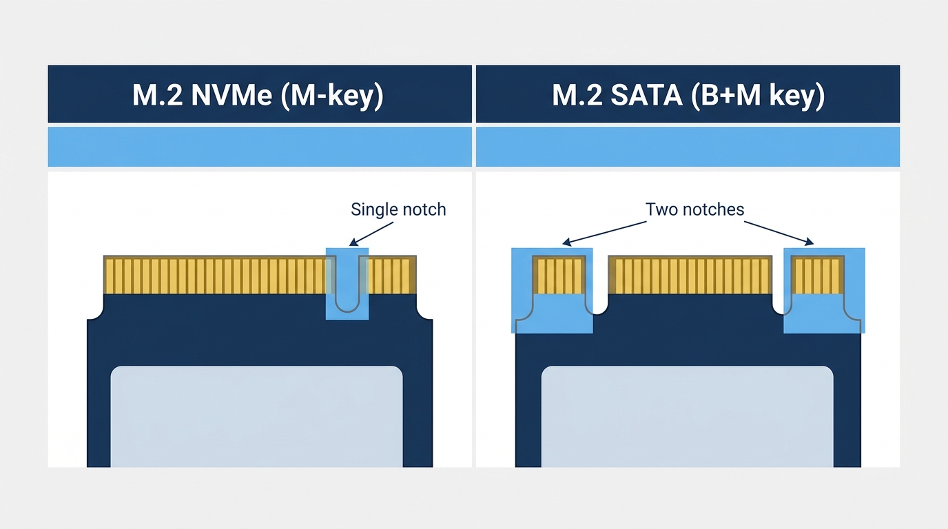 Side-by-side diagram comparing the M-key notch on NVMe drives to the B+M key notch on SATA M.2 drives.