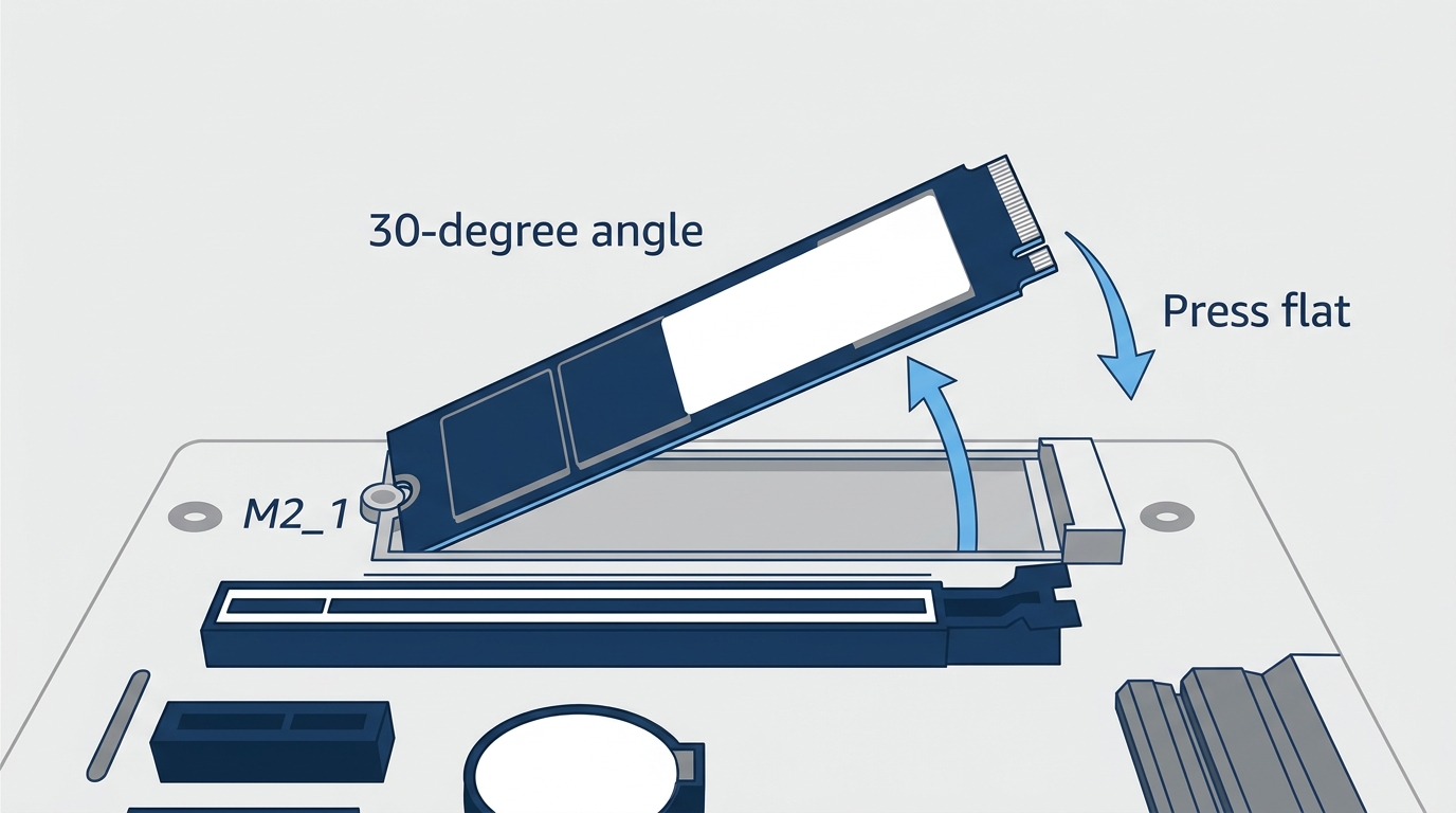 An M.2 SSD being inserted into a motherboard slot at a 30-degree angle before being pressed flat.